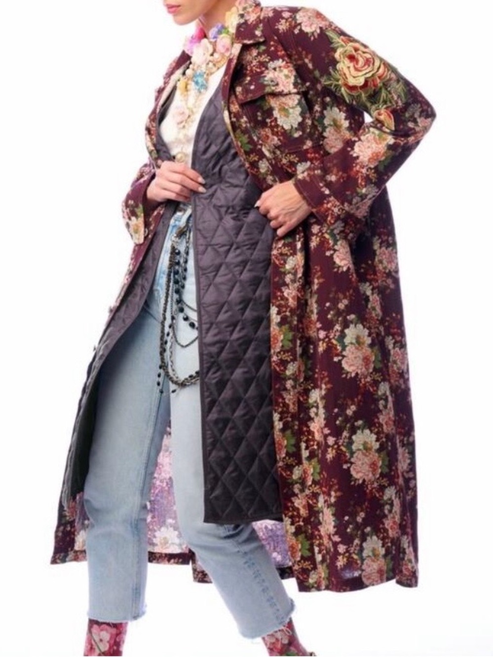 Aratta Silent Journey Floral Burgundy Long Trench Coat - Picture 4 of 13